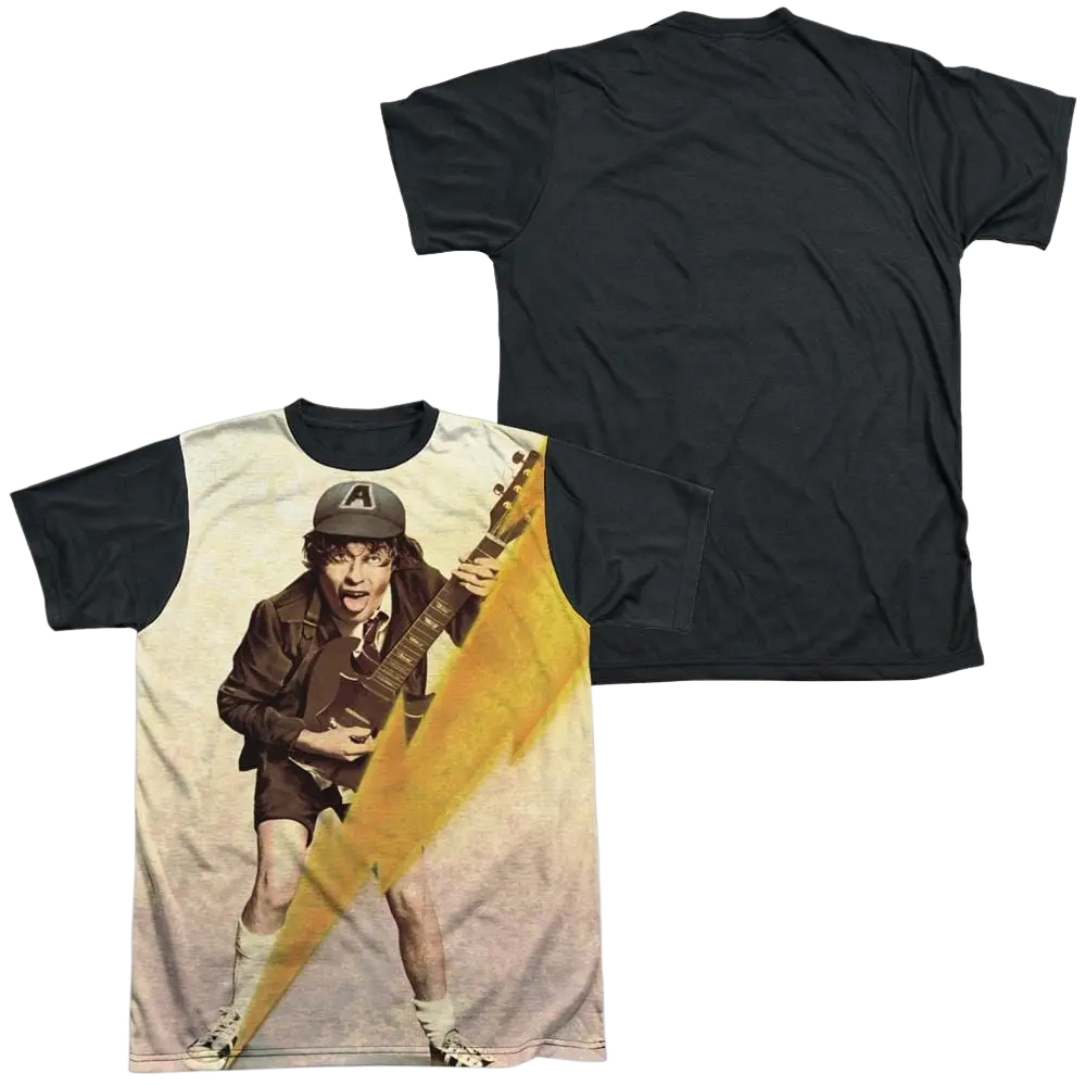 Men's black back T-shirt with AC/DC Angus Young print playing guitar on front and solid black back.