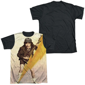 Men's black back T-shirt with AC/DC Angus Young print playing guitar on front and solid black back.