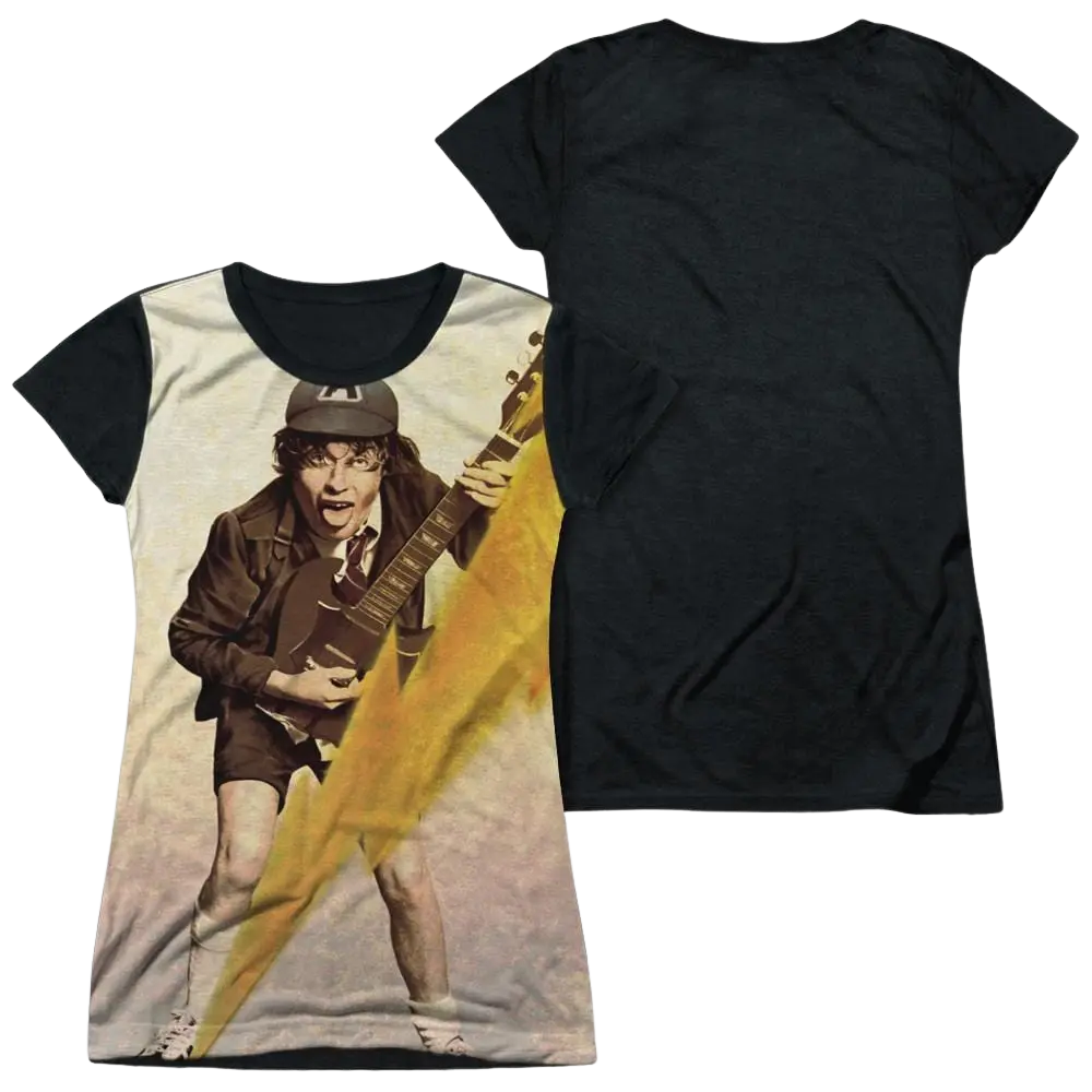 Juniors black back t-shirt with AC/DC Angus Young guitar lightning graphic on front.