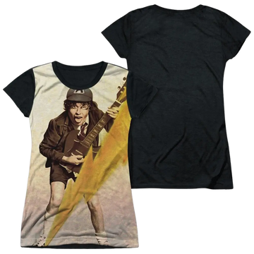 Juniors black back t-shirt with AC/DC Angus Young guitar lightning graphic on front.