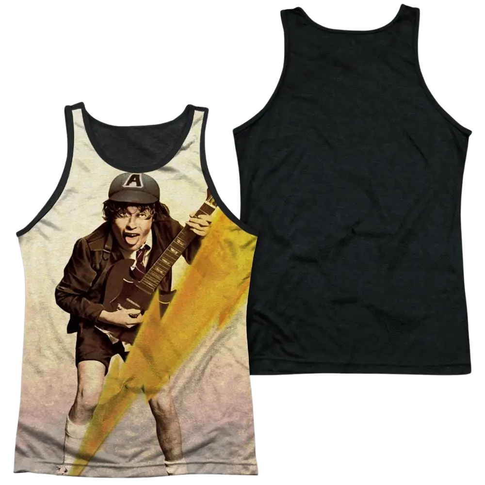 Men's black tank top with AC/DC Angus Young graphic playing guitar on front, solid black back.