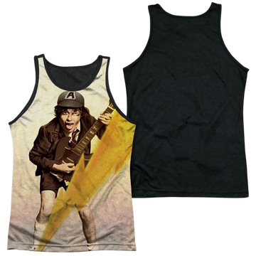 Men's black tank top with AC/DC Angus Young graphic playing guitar on front, solid black back.
