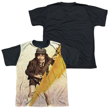 Youth black back t-shirt featuring AC/DC guitarist graphic with lightning bolt design on front.