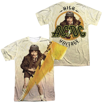 AC/DC Higher Voltage men's all-over print t-shirt with Angus Young guitar graphic on front and band logo on back,.
