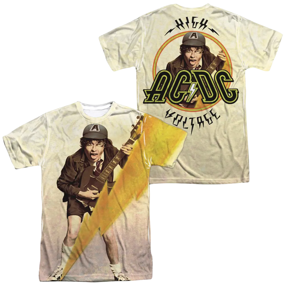 AC/DC Higher Voltage men's all-over print t-shirt with Angus Young guitar graphic on front and band logo on back,.