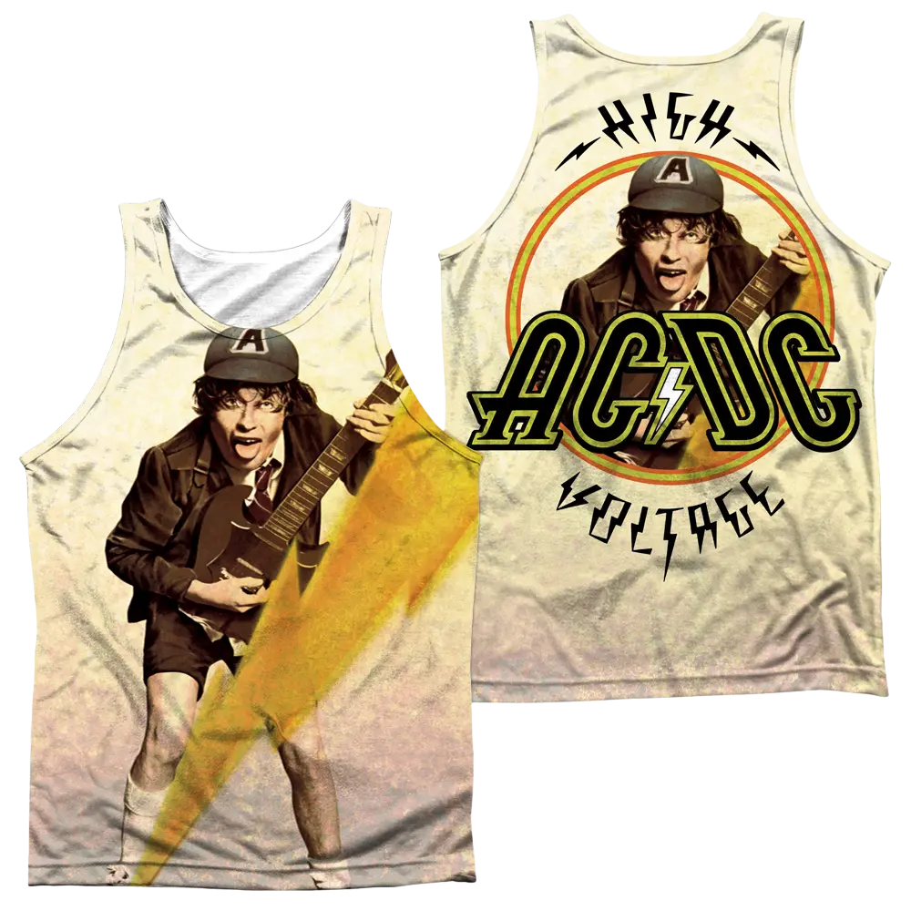 White men's tank top with full-color AC/DC band design featuring Angus Young playing guitar on front and "High Voltage" logo .