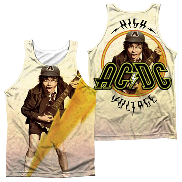 White men's tank top with full-color AC/DC band design featuring Angus Young playing guitar on front and "High Voltage" logo .