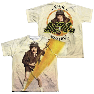 Youth white AC/DC Higher Voltage t-shirt with bold graphic of Angus Young playing guitar on front and back.