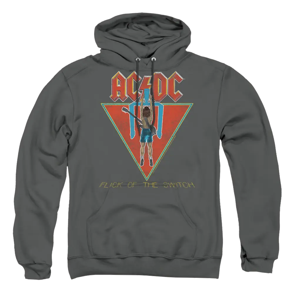 Charcoal pullover hoodie with AC/DC logo and "Flick of the Switch" text, graphic of man hanging from power switch.
