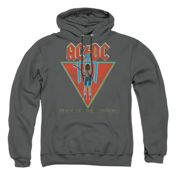 Charcoal pullover hoodie with AC/DC logo and "Flick of the Switch" text, graphic of man hanging from power switch.