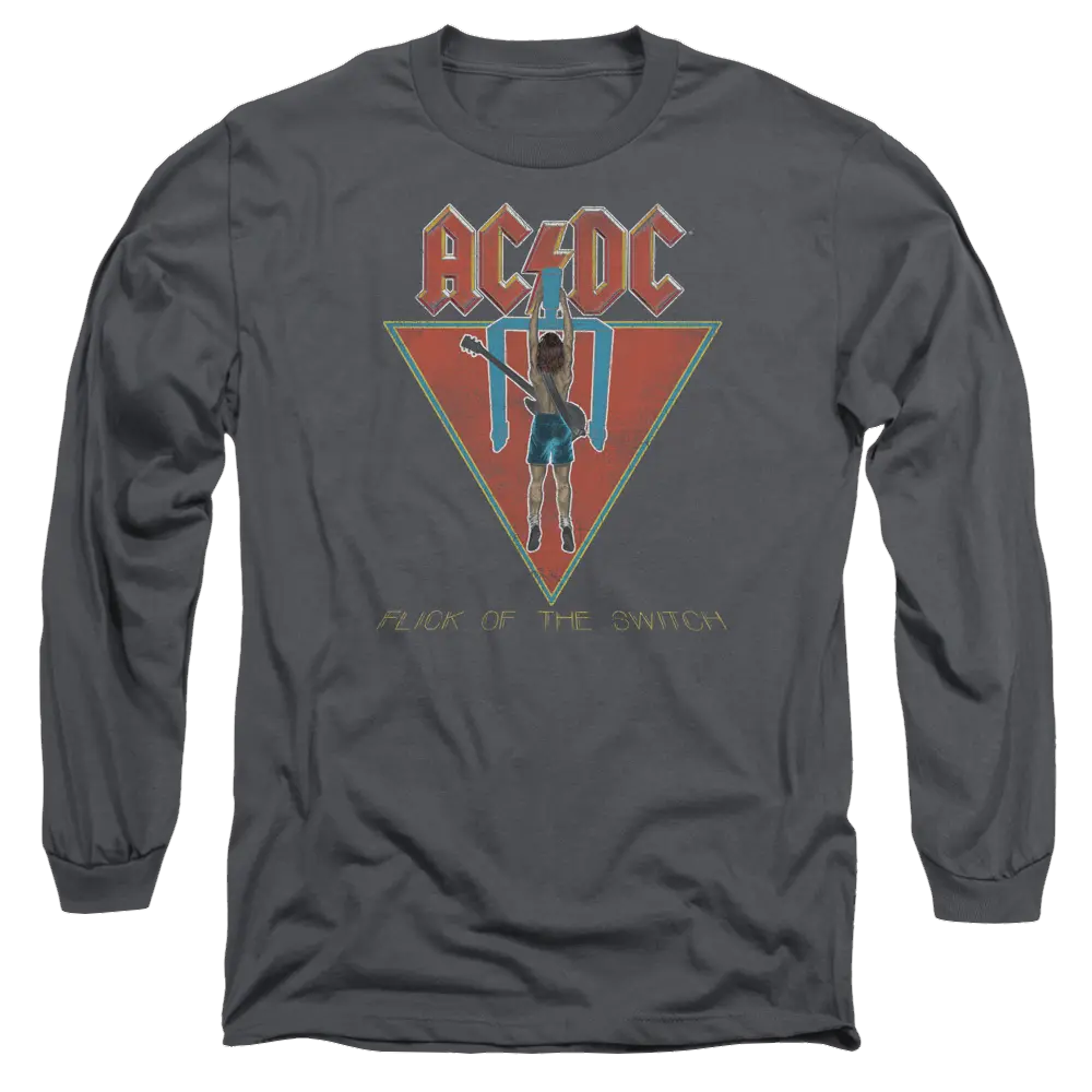 Charcoal men's long sleeve t-shirt featuring AC/DC Flick of the Switch vintage band graphic on front.