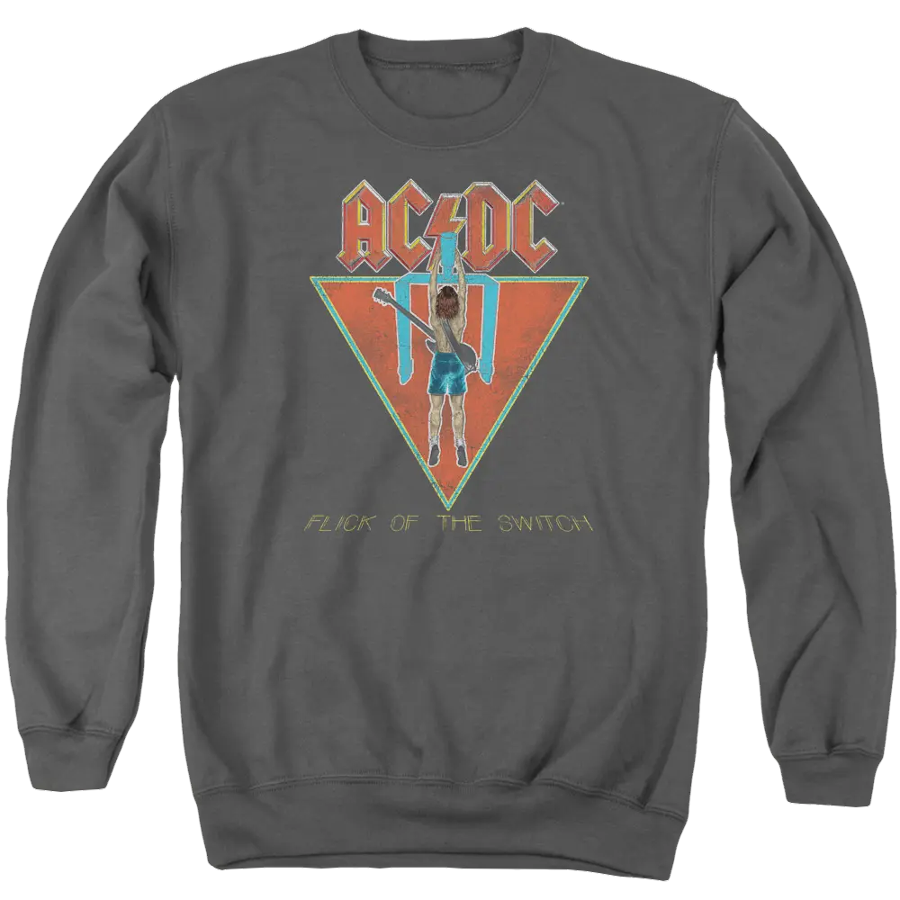 Charcoal men's crewneck sweatshirt with AC/DC Flick Of The Switch graphic and lightning bolt design.