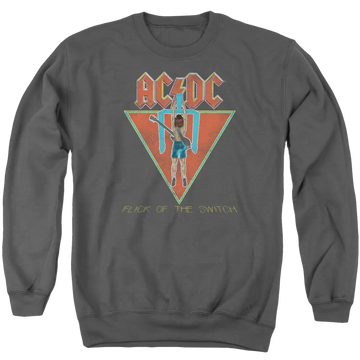 Charcoal men's crewneck sweatshirt with AC/DC Flick Of The Switch graphic and lightning bolt design.