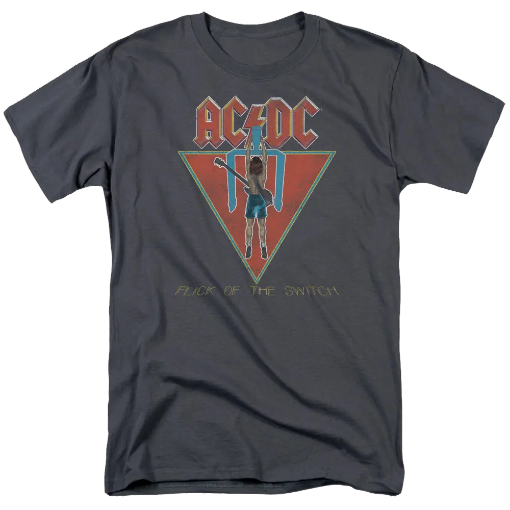 Charcoal AC/DC Flick Of The Switch men's T-shirt with red triangle and band logo design.