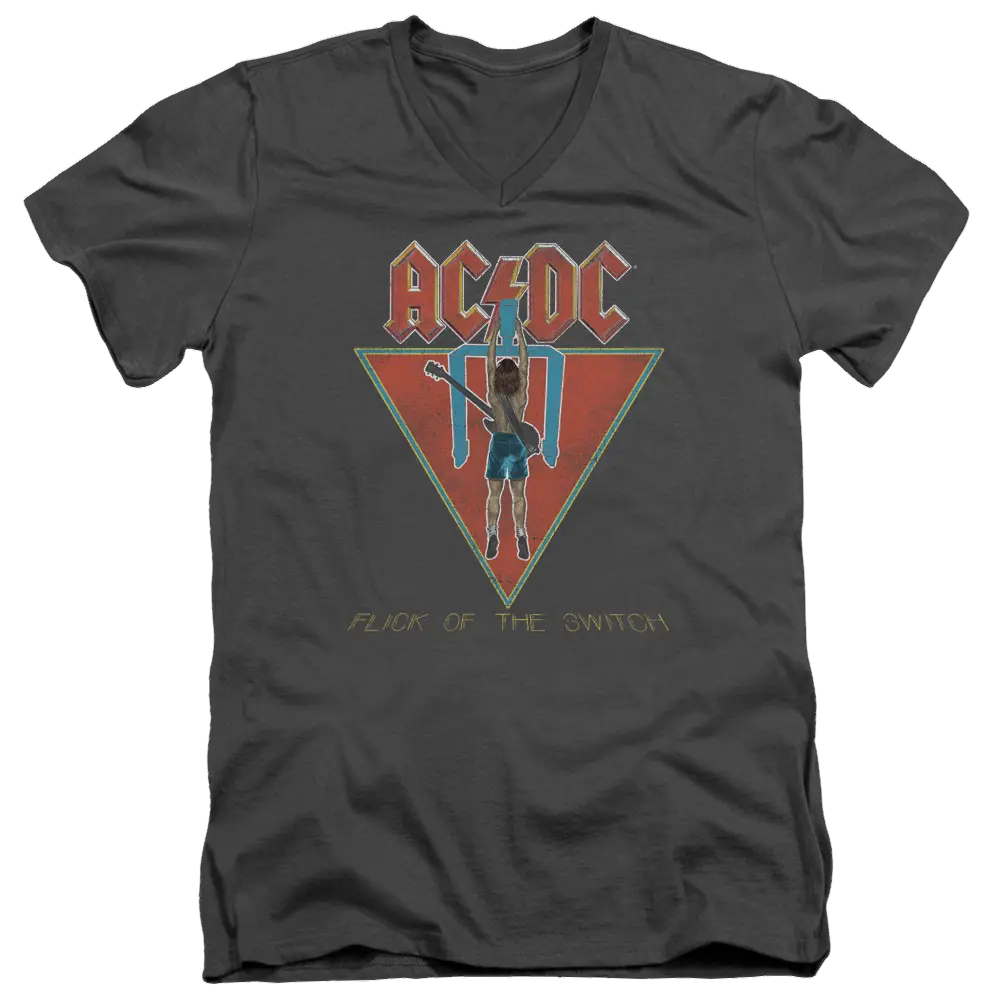 Charcoal men's V-neck T-shirt with AC/DC Flick Of The Switch graphic and lightning bolt design.