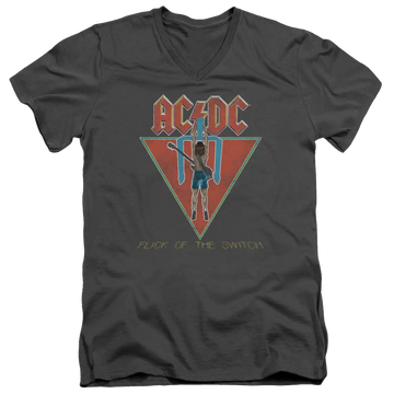 Charcoal men's V-neck T-shirt with AC/DC Flick Of The Switch graphic and lightning bolt design.