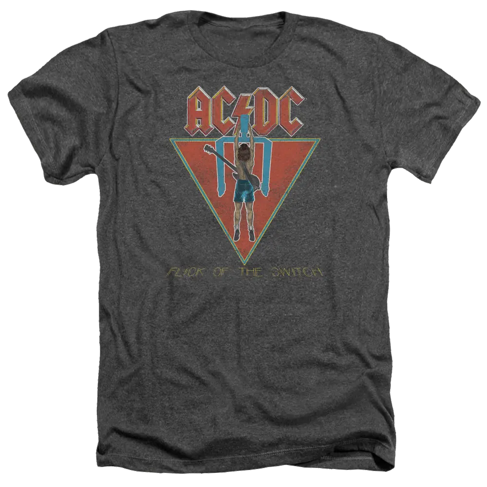 Charcoal heather men’s t-shirt with vintage AC/DC Flick Of The Switch red and blue graphic and band logo.