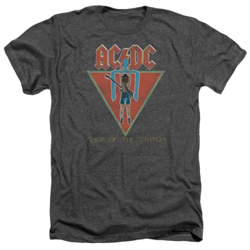 Charcoal heather men’s t-shirt with vintage AC/DC Flick Of The Switch red and blue graphic and band logo.