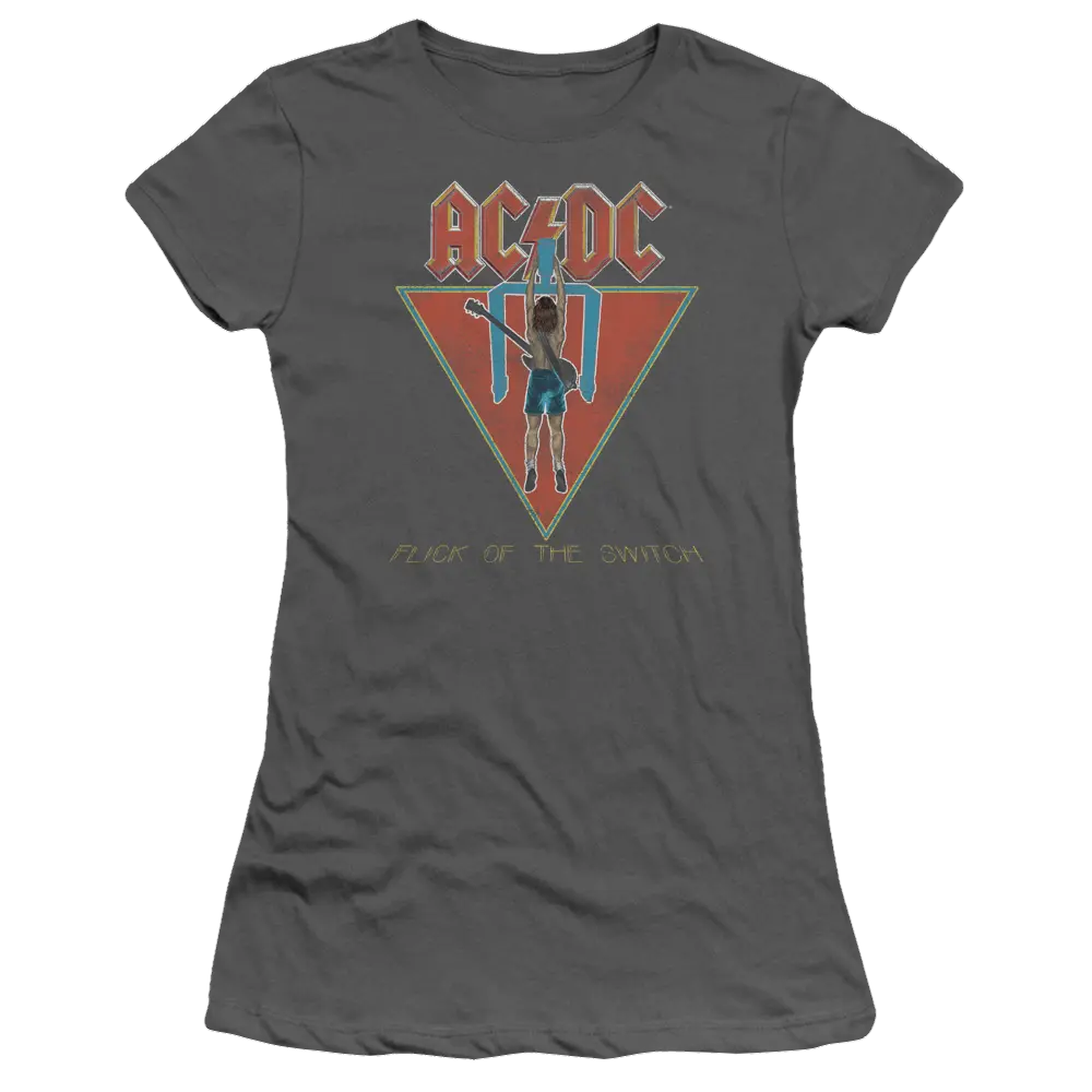 Charcoal juniors t-shirt with AC/DC logo and red triangle graphic featuring a light switch silhouette and "Flick of the.