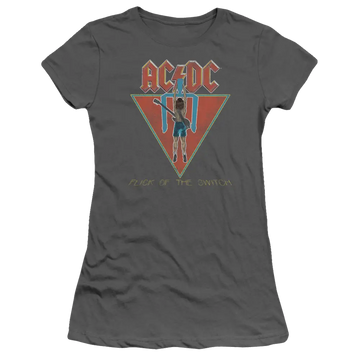 Charcoal juniors t-shirt with AC/DC logo and red triangle graphic featuring a light switch silhouette and "Flick of the.
