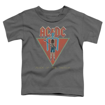 Charcoal kid's t-shirt with AC/DC logo, red triangle, and guitarist graphic, "Flick of the Switch" text below.