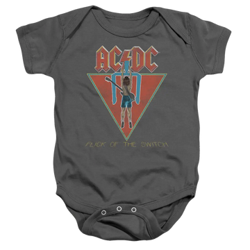 Charcoal baby bodysuit with AC/DC Flick Of The Switch album cover graphic in red and yellow tones.