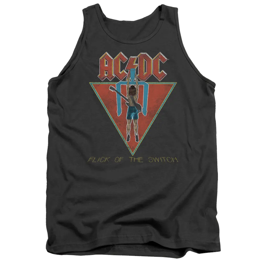 Charcoal men's tank top with AC/DC Flick Of The Switch graphic and lightning bolt triangle design.