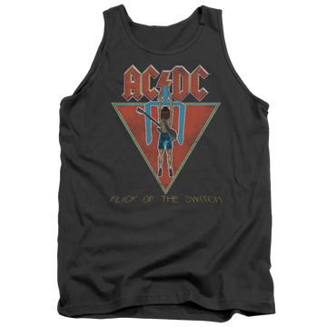 Charcoal men's tank top with AC/DC Flick Of The Switch graphic and lightning bolt triangle design.