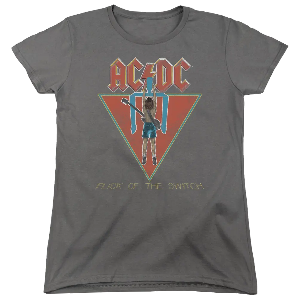 Charcoal women's t-shirt with AC/DC Flick Of The Switch album art featuring a man hanging from a triangle and bold red text.
