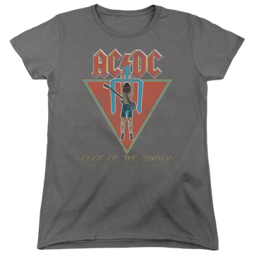 Charcoal women's t-shirt with AC/DC Flick Of The Switch album art featuring a man hanging from a triangle and bold red text.