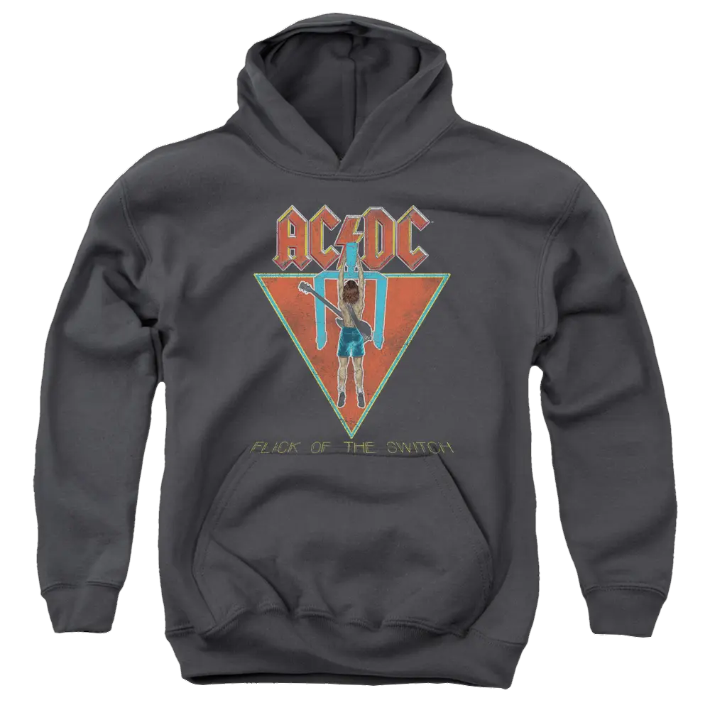 Charcoal youth hoodie with AC/DC Flick Of The Switch graphic and front kangaroo pocket.