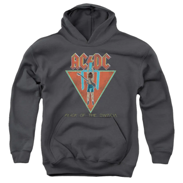 Charcoal youth hoodie with AC/DC Flick Of The Switch graphic and front kangaroo pocket.