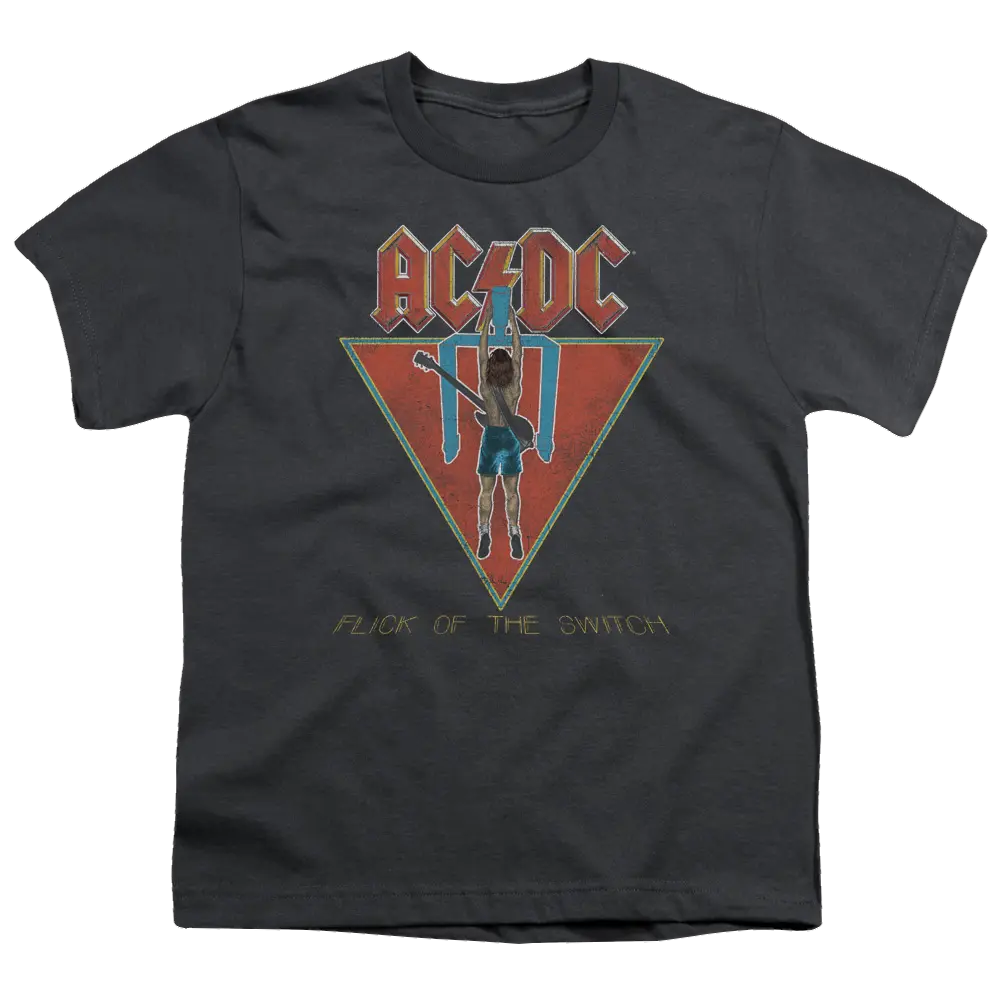 Charcoal youth t-shirt with AC/DC flick of the switch graphic and lightning bolt logo.