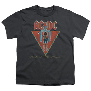 Charcoal youth t-shirt with AC/DC flick of the switch graphic and lightning bolt logo.