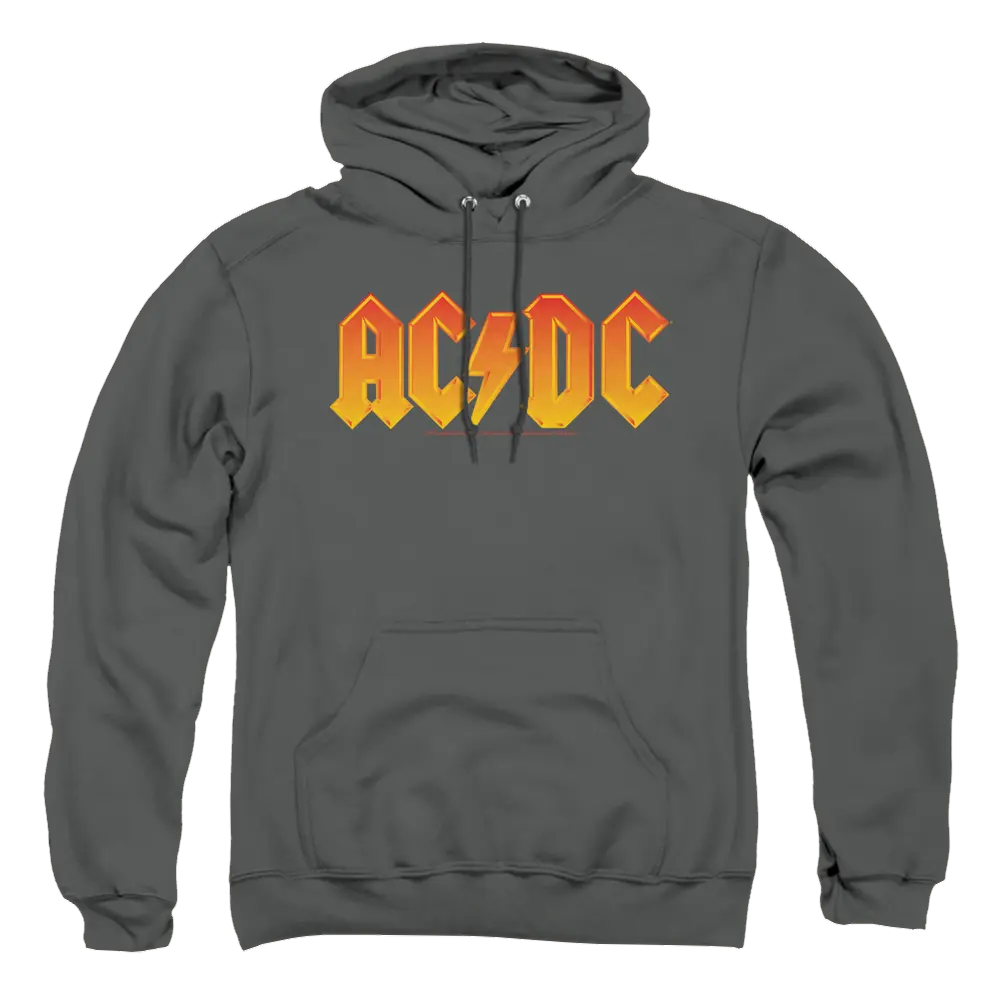 Charcoal pullover hoodie with yellow and orange AC/DC logo and front kangaroo pocket.