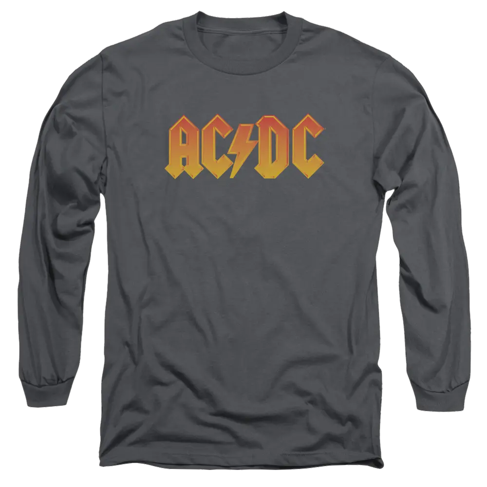 Charcoal men's long sleeve t-shirt with yellow and orange AC/DC band logo on front.