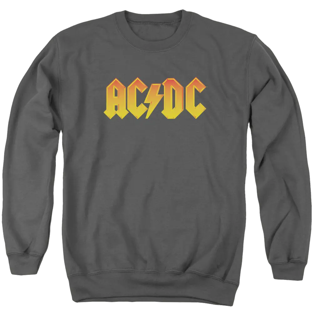 Charcoal men's crewneck sweatshirt with yellow and orange AC/DC logo on front.