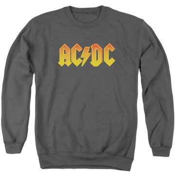 Charcoal men's crewneck sweatshirt with yellow and orange AC/DC logo on front.