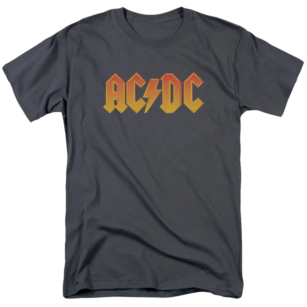 Charcoal men's regular fit t-shirt with bold orange and yellow AC/DC logo across chest.