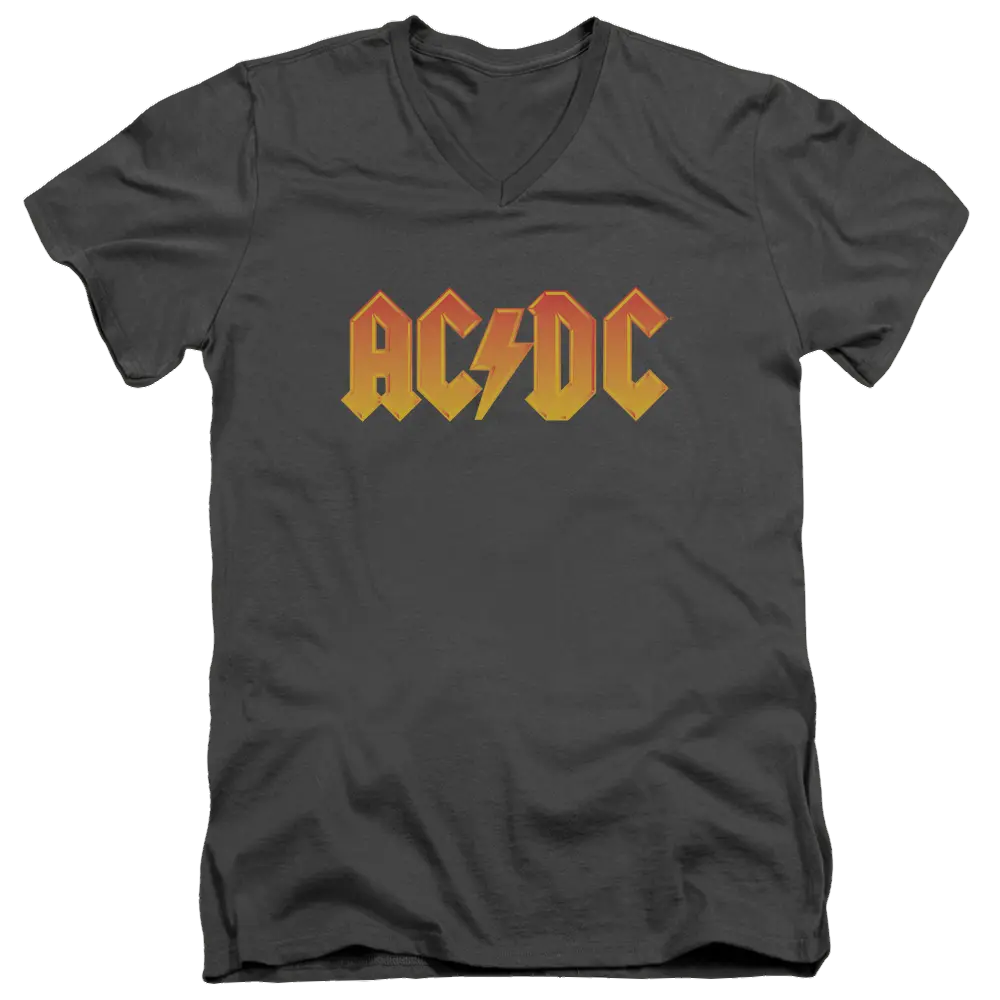 Charcoal men's V-neck t-shirt with AC/DC logo in yellow and orange gradient.
