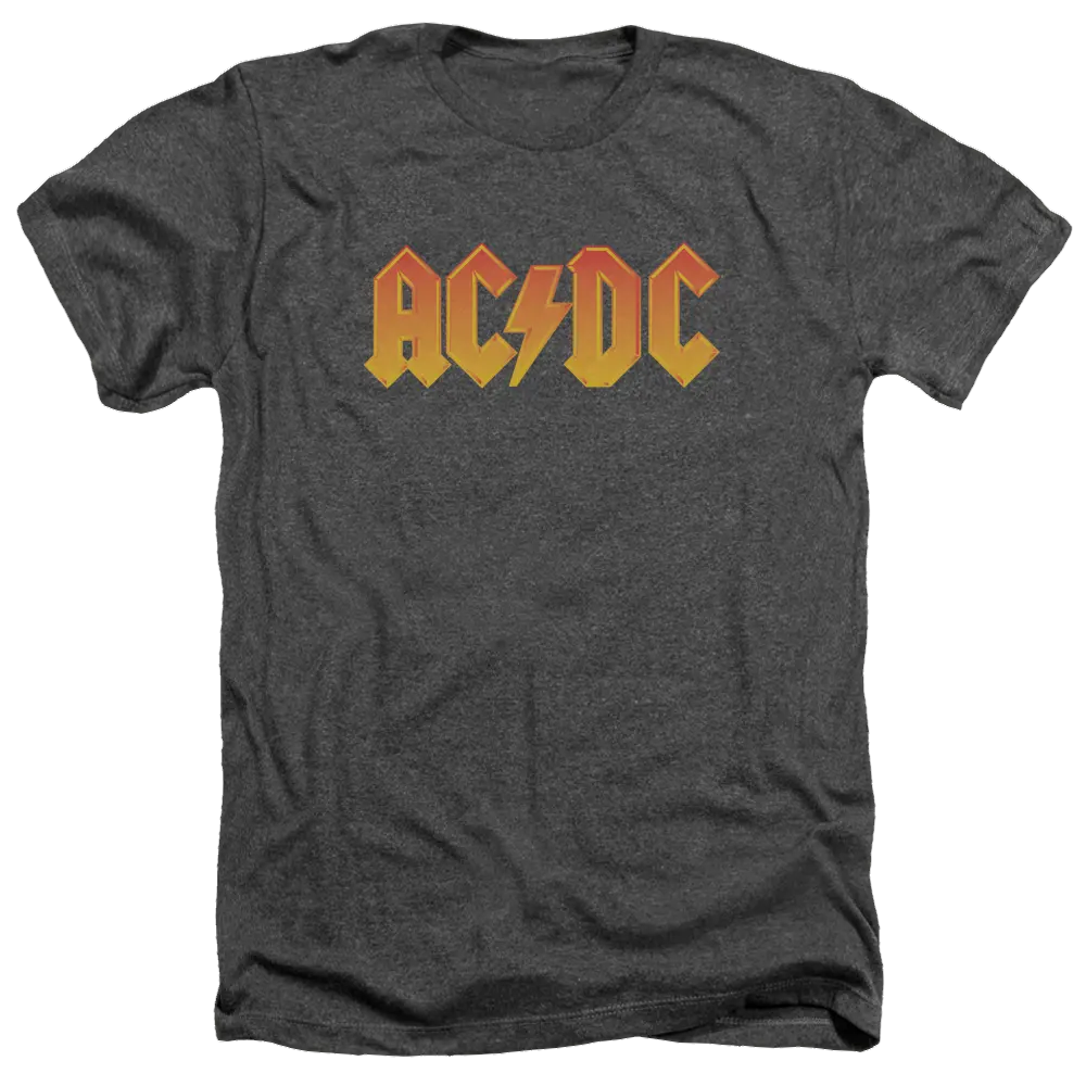 Charcoal heather men's t-shirt with orange and yellow AC/DC logo on front.
