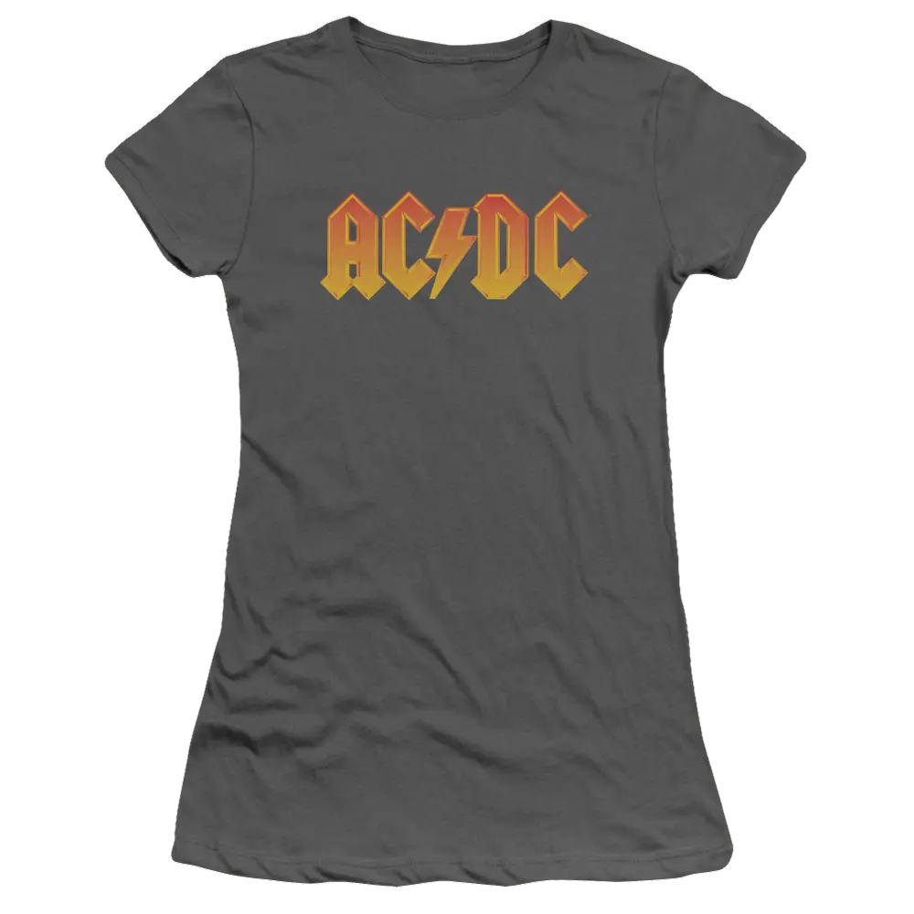 Charcoal juniors fitted T-shirt with orange and yellow AC/DC lightning bolt logo on front.