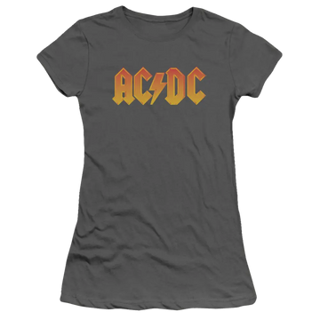 Charcoal juniors fitted T-shirt with orange and yellow AC/DC lightning bolt logo on front.