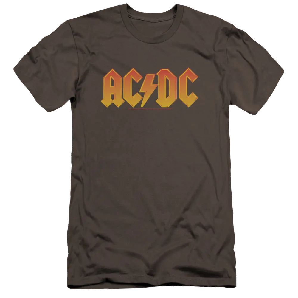 Charcoal slim-fit men's t-shirt with vintage-style orange and yellow AC/DC logo on chest.