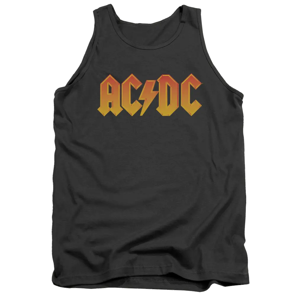 Charcoal men's tank top with yellow and orange AC/DC band logo on front.