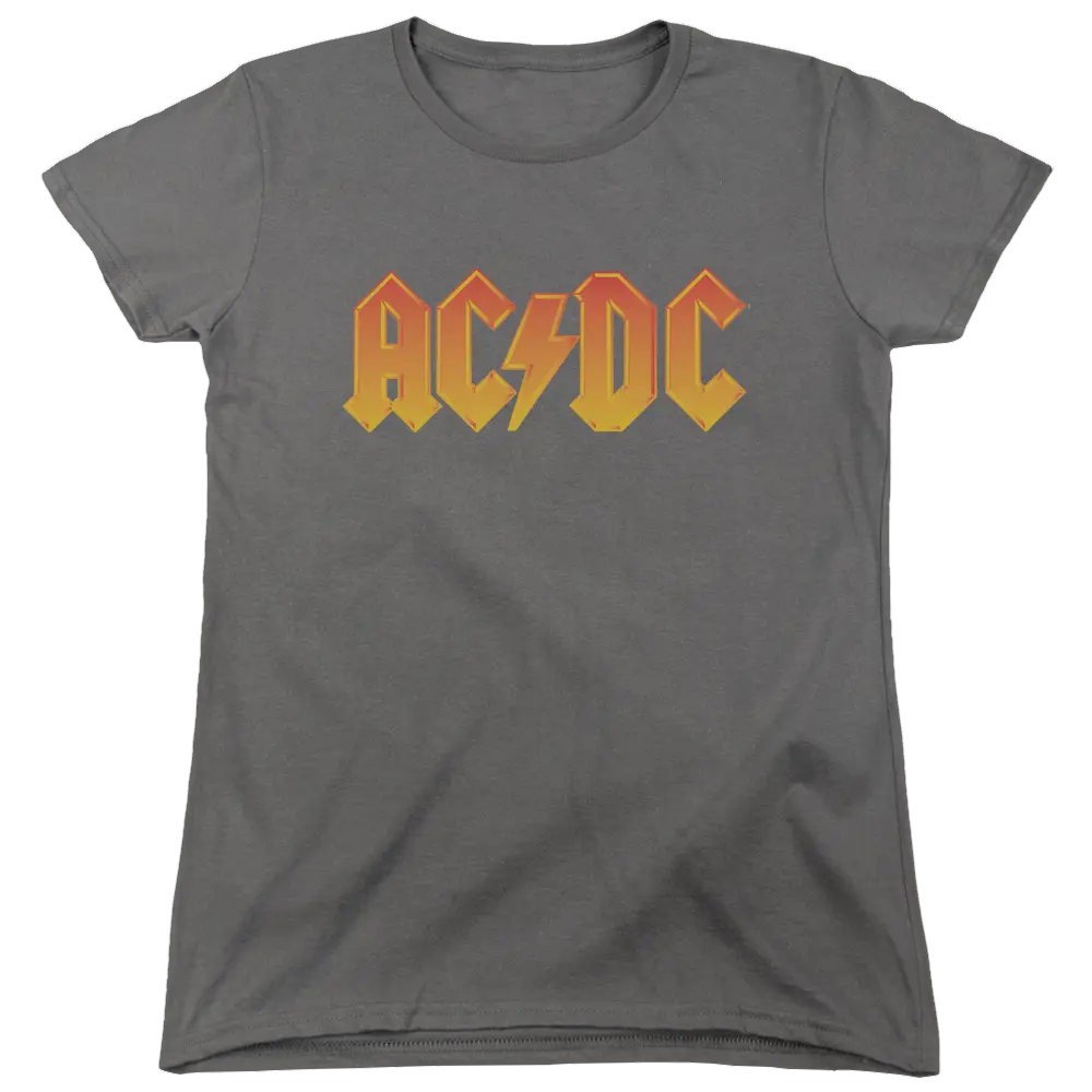 Charcoal women's T-shirt with vintage yellow and orange AC/DC logo on front.