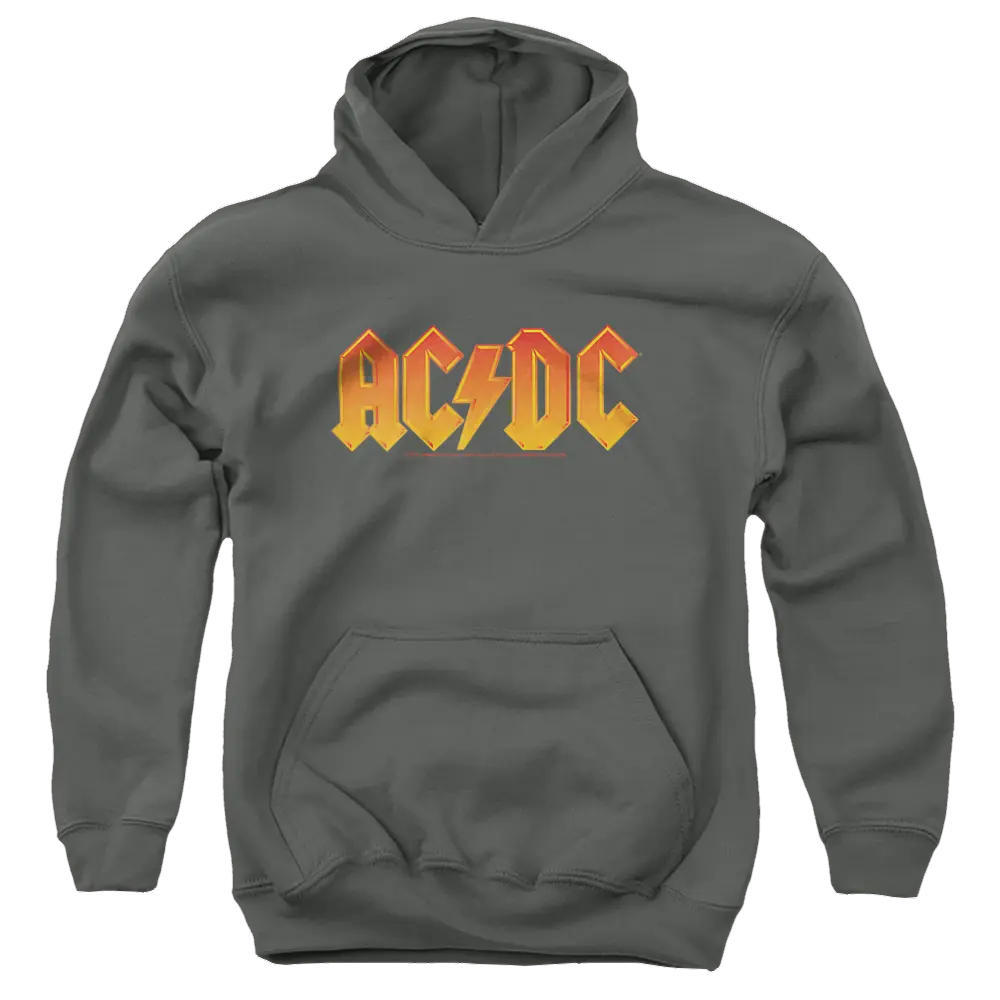 Charcoal youth hoodie with orange and yellow AC/DC logo on front, kangaroo pocket, and drawstring hood.
