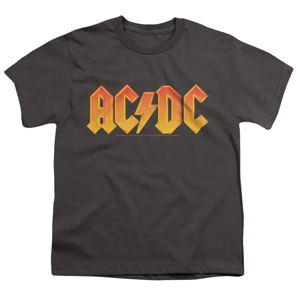Charcoal youth t-shirt with bold yellow and orange AC/DC logo and lightning bolt on front.