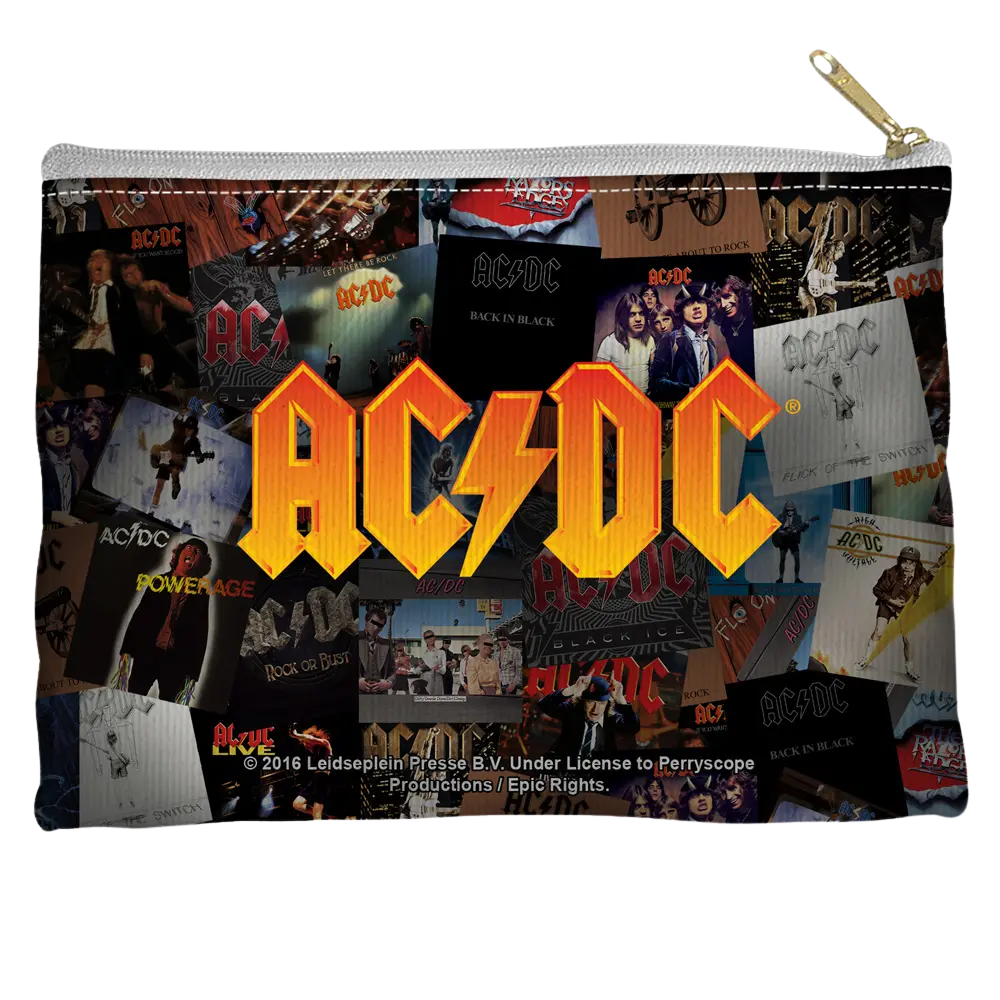 White pouch with straight bottom featuring collage of AC/DC album covers and bold yellow AC/DC logo in center.