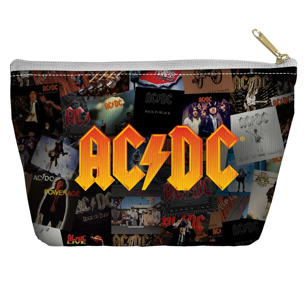 White tapered bottom pouch with collage of AC/DC album covers and large orange AC/DC logo on front.